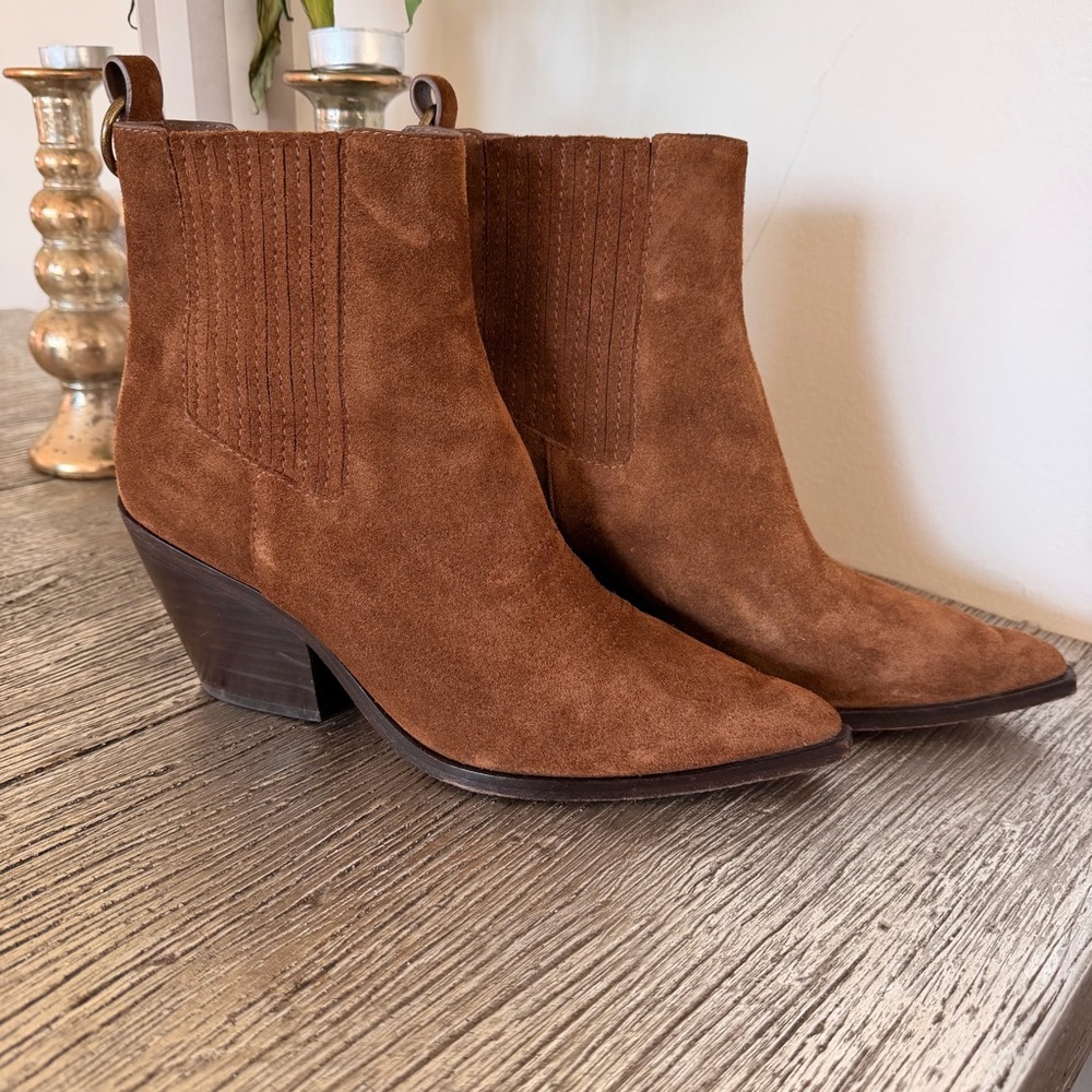 PAIGE Brown Suede Pointed Toe Western Ankle Boots - Picture 6 of 6